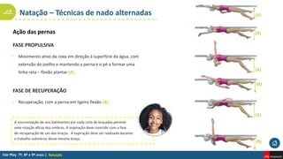Natação – Técnicas de nado alternadas
Natação
(A)
Ação das pernas
FASE PROPULSIVA
(A) (B)
• Movimento ativo da coxa em direção à superfície da água, com
extensão do joelho e mantendo a perna e o pé a formar uma
linha reta – flexão plantar (A).
FASE DE RECUPERAÇÃO
• Recuperação, com a perna em ligeira flexão (B).
A sincronização de seis batimentos por cada ciclo de braçadas permite
uma rotação eficaz dos ombros. A inspiração deve coincidir com a fase
de recuperação de um dos braços. A expiração deve ser realizada durante
o trabalho submerso desse mesmo braço.
(B)
(A)
(A)
(B)
(A)
(B)
 