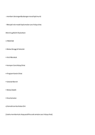 - memberi dorongan&sokonganmoral kpdmurid
- Menjadi role model kpdamalancara hidupsihat.
Aktiviti ygBolehDijalankan:
• PROSTAR
• BebasDenggi di Sekolah
• Anti Merokok
• kempenCaraHidupSihat
• ProgramKantinSihat
• SekolahBersih
• BebasDadah
• Keselamatan
v) KemahiranKesihatanDiri
(Usaha membentuk sikappositif ke arahamalancara hidupsihat)
 