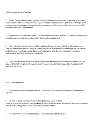 6.2.1 KonsepdanPengetahuanAsas
a. Konsep - Tahun 4 - keselamatan - memberi tumpuankepadabagaimanamenjagakeselamatandi jalanraya,
keselamatandi airdankeselamatanberkaitanapi (puncakebakarandancara mencegah).Asaspertolongancemas
untukmembantu mangsayangmendapatkecederaanringansepertilukakecil,tercalar,lebamsertaterseliuhdi
peringkatsekolahmuladiperkenalkan.
b. Program BersepaduSekolahSihat (PBSS):PerkhidmatanPergigian,PerkhidmatanKesihatanSekolah,Persatuan
BulanSabitMerah serta St.JohnAmbulansjugadiperkenalkanpadaTahun4.
c. Tahun 5, kurikulumkeselamatanmendalamiaspekkeselamatandi rumah,sekolahsertatempatbermain.
Langkah-langkahbagi bagaimanamengelakkankemalanganadalahdenganmenitikberatkan petunjukatautanda-
tanda jalanraya. Puncakebakarandanbagaimanalangkahpencegahanturutdibincangkantermasukasas
keselamatandi airdenganpenumpuankepadabanjir.
d. Tahun 6, kurikulummendedahkanparapelajarkepadaaspekkeracunanmakanan akibatmakanantercemar,
luputtarikhsertatin yangkemik.Penyakitberjangkitmuladibincangkandantumpuandiberi kepadapenyakit
bawaanair dan vektor.
6.2.2 SumberKurikulum:
a. PenglibatanMuridSecaraPenghayatanIlmu.Contoh:muridakan diterangkanbagaimanapenyakitMalaria
merebak.
b. Interaksi denganGuru,Rakan,Masyarakat dan Badanatau Agensi Berkaitan
Pelajarakandiberi peluanguntukmendapatkanilmuataupengalamanmelaluiperbincangandenganguruberkaitan
prosedurhidupsihat,puncakebakaranmelalui lawatanke balai bomba.
c. PenyimpananRekodKesihatandanKegiatanMuridsebagai Bukti Pembelajaran
 