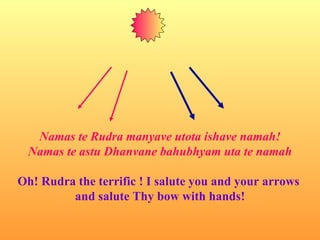 Namas te Rudra manyave utota ishave namah!
 Namas te astu Dhanvane bahubhyam uta te namah

Oh! Rudra the terrific ! I salute you and your arrows
         and salute Thy bow with hands!
 