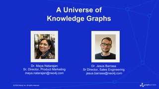 © 2022 Neo4j, Inc. All rights reserved.
© 2022 Neo4j, Inc. All rights reserved.
A Universe of
Knowledge Graphs
Dr. Maya Natarajan
Sr. Director, Product Marketing
maya.natarajan@neo4j.com
Dr. Jesús Barrasa
Sr Director, Sales Engineering
jesus.barrasa@neo4j.com
 