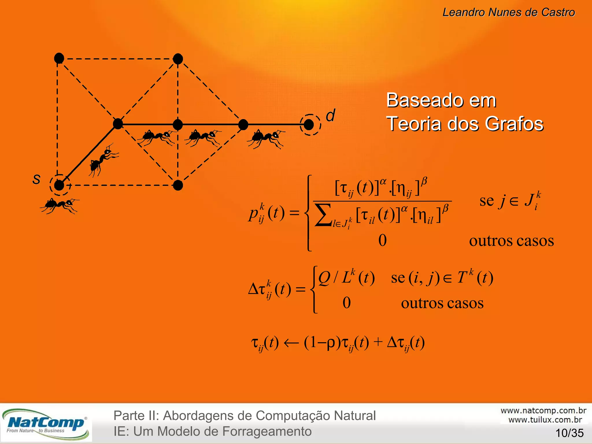 /35  ij ( t )    (1  )  ij ( t ) +   ij ( t ) Parte II: Abordagens de Computação Natural IE: Um Modelo de Forrageamento Baseado em  Teoria dos Grafos 