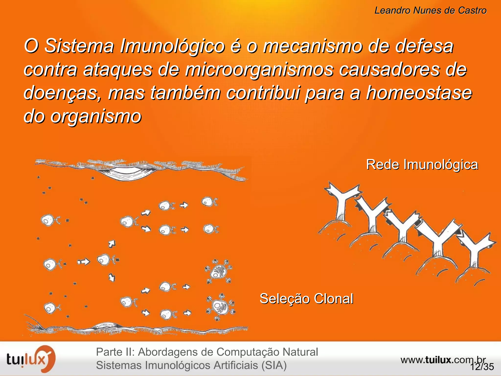 /35 Seleção Clonal Rede Imunológica Parte II: Abordagens de Computação Natural Sistemas Imunológicos Artificiais (SIA) O Sistema Imunológico é o mecanismo de defesa  contra ataques de microorganismos causadores de  doenças, mas também contribui para a homeostase do organismo 