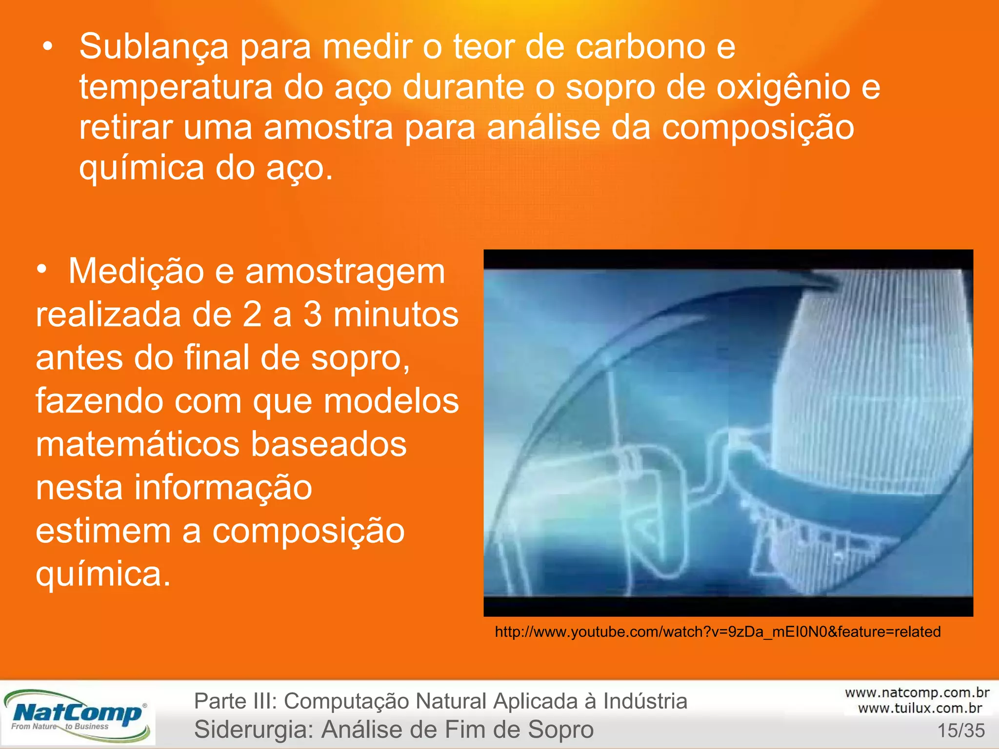 Sublança para medir o teor de carbono e temperatura do aço durante o sopro de oxigênio e retirar uma amostra para análise da composição química do aço.   Parte III: Computação Natural Aplicada à Indústria Siderurgia: Análise de Fim de Sopro http://www.youtube.com/watch?v=9zDa_mEI0N0&feature=related Medição e amostragem  realizada de 2 a 3 minutos  antes do final de sopro,  fazendo com que modelos  matemáticos baseados  nesta informação  estimem a composição  química. /35 