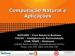 Computação Natural e Aplicações NATCOMP – From Nature to Business TUILUX – Inteligência em Recomendação LCoN, PPGEE – Mackenzie Leandro Nunes de Castro (lnunes@natcomp.com.br) Fones: (13) 3797 1003; (13)  8126 1184 