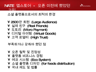 소셜 플랫폼으로서의 최적의 환경 2500 만 회원  (Large Audience)  실제 친구  (Real Friends)  도토리  (Micro Payment)  디지털 아이템  (Virtual Goods)  고객 로열티  (High Trust)  부족하거나 갖춰야 했던 점   오픈 철학 및 진정성  플랫폼 비즈니스 경험  에코 시스템  (Eco System) 소셜 플랫폼 디자인  (for feeds distribution)  국내 제도 및 법률  NATE  앱스토어  -  오픈 이전에 했었던 고민   