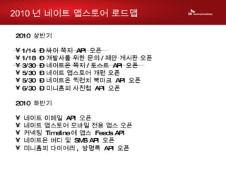 2010 년 네이트 앱스토어 로드맵 2010  상반기  1/14  –  싸이 쪽지  API  오픈  1/18  –  개발사를 위한 문의 / 제안 게시판 오픈 3/30  –  네이트온 쪽지 / 토스트  API  오픈  5/30  –  네이트 앱스토어 개편 오픈  5/30  –  네이트온 퀵런치 북마크  API  오픈  6/30  –  미니홈피 사진첩  API  오픈   2010  하반기  네이트 이메일  API  오픈  네이트 앱스토어 모바일 전용 앱스 오픈 커넥팅  Timeline 에 앱스  Feeds API  네이트온 버디 및  SMS API  오픈 미니홈피 다이어리 ,  방명록  API  오픈   