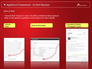 AppStore Framework – 6) Distribution

Save as Post

“Save As Post” feature is one of the APIs provided by Nate AppStore
Refer to the platform guideline on Dev.Square for more details


 Canvas                                                               Example of Saved
                                 Save as Post layer
 View                                                                 (“Scrapped”) post




                                                                       오늘 회원님의 뮤직은~

                                                                       마우스만으로 쉽고 재미있게 만드는 음악
                                                                       UCC "뮤직쉐이크" 위젯으로 락,
                                                                       힙합, 발라드등 다양한 장르의 음악을 "직
                                                                       접" 만들어 보세요. 쉐이크 버튼만 클릭하
                                                                       면 한 곡이 뚝딱!
                                                                       알록달록 블록만 클릭하면 나만의 곡이 뚝
                                                                       딱! 여러분이 직접 만든 음악은 MP3로 무
                                                                       료 다운을 받을 수 있어요
 