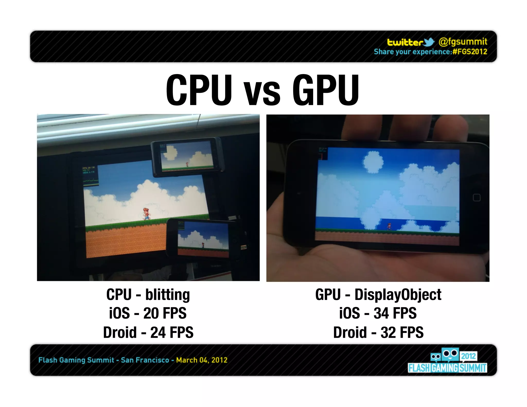 CPU vs GPU



CPU - blitting
   GPU - DisplayObject
 iOS - 20 FPS
       iOS - 34 FPS
Droid - 24 FPS
     Droid - 32 FPS
 