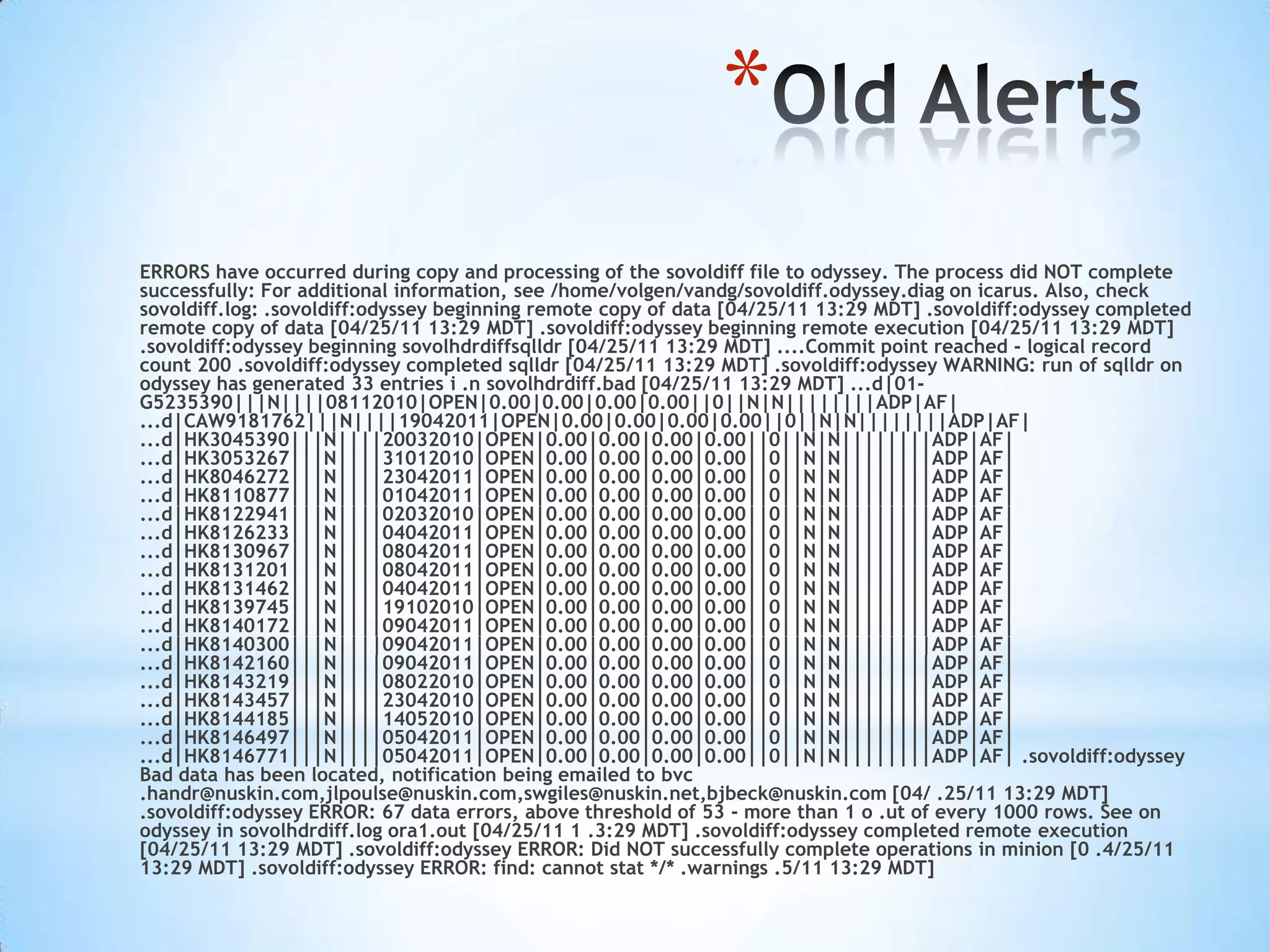 Old AlertsERRORS have occurred during copy and processing of the sovoldiff file to odyssey. The process did NOT complete successfully: For additional information, see /home/volgen/vandg/sovoldiff.odyssey.diag on icarus. Also, check sovoldiff.log: .sovoldiff:odyssey beginning remote copy of data [04/25/11 13:29 MDT] .sovoldiff:odyssey completed remote copy of data [04/25/11 13:29 MDT] .sovoldiff:odyssey beginning remote execution [04/25/11 13:29 MDT] .sovoldiff:odyssey beginning sovolhdrdiffsqlldr [04/25/11 13:29 MDT] ....Commit point reached - logical record count 200 .sovoldiff:odyssey completed sqlldr [04/25/11 13:29 MDT] .sovoldiff:odyssey WARNING: run of sqlldr on odyssey has generated 33 entries i .n sovolhdrdiff.bad [04/25/11 13:29 MDT] ...d|01-G5235390|||N||||08112010|OPEN|0.00|0.00|0.00|0.00||0||N|N||||||||ADP|AF| ...d|CAW9181762|||N||||19042011|OPEN|0.00|0.00|0.00|0.00||0||N|N||||||||ADP|AF| ...d|HK3045390|||N||||20032010|OPEN|0.00|0.00|0.00|0.00||0||N|N||||||||ADP|AF| ...d|HK3053267|||N||||31012010|OPEN|0.00|0.00|0.00|0.00||0||N|N||||||||ADP|AF| ...d|HK8046272|||N||||23042011|OPEN|0.00|0.00|0.00|0.00||0||N|N||||||||ADP|AF| ...d|HK8110877|||N||||01042011|OPEN|0.00|0.00|0.00|0.00||0||N|N||||||||ADP|AF| ...d|HK8122941|||N||||02032010|OPEN|0.00|0.00|0.00|0.00||0||N|N||||||||ADP|AF| ...d|HK8126233|||N||||04042011|OPEN|0.00|0.00|0.00|0.00||0||N|N||||||||ADP|AF| ...d|HK8130967|||N||||08042011|OPEN|0.00|0.00|0.00|0.00||0||N|N||||||||ADP|AF| ...d|HK8131201|||N||||08042011|OPEN|0.00|0.00|0.00|0.00||0||N|N||||||||ADP|AF| ...d|HK8131462|||N||||04042011|OPEN|0.00|0.00|0.00|0.00||0||N|N||||||||ADP|AF| ...d|HK8139745|||N||||19102010|OPEN|0.00|0.00|0.00|0.00||0||N|N||||||||ADP|AF| ...d|HK8140172|||N||||09042011|OPEN|0.00|0.00|0.00|0.00||0||N|N||||||||ADP|AF| ...d|HK8140300|||N||||09042011|OPEN|0.00|0.00|0.00|0.00||0||N|N||||||||ADP|AF| ...d|HK8142160|||N||||09042011|OPEN|0.00|0.00|0.00|0.00||0||N|N||||||||ADP|AF| ...d|HK8143219|||N||||08022010|OPEN|0.00|0.00|0.00|0.00||0||N|N||||||||ADP|AF| ...d|HK8143457|||N||||23042010|OPEN|0.00|0.00|0.00|0.00||0||N|N||||||||ADP|AF| ...d|HK8144185|||N||||14052010|OPEN|0.00|0.00|0.00|0.00||0||N|N||||||||ADP|AF| ...d|HK8146497|||N||||05042011|OPEN|0.00|0.00|0.00|0.00||0||N|N||||||||ADP|AF| ...d|HK8146771|||N||||05042011|OPEN|0.00|0.00|0.00|0.00||0||N|N||||||||ADP|AF| .sovoldiff:odyssey Bad data has been located, notification being emailed to bvc .handr@nuskin.com,jlpoulse@nuskin.com,swgiles@nuskin.net,bjbeck@nuskin.com [04/ .25/11 13:29 MDT] .sovoldiff:odyssey ERROR: 67 data errors, above threshold of 53 - more than 1 o .ut of every 1000 rows. See on odyssey in sovolhdrdiff.log ora1.out [04/25/11 1 .3:29 MDT] .sovoldiff:odyssey completed remote execution [04/25/11 13:29 MDT] .sovoldiff:odyssey ERROR: Did NOT successfully complete operations in minion [0 .4/25/11 13:29 MDT] .sovoldiff:odyssey ERROR: find: cannot stat */* .warnings .5/11 13:29 MDT] 