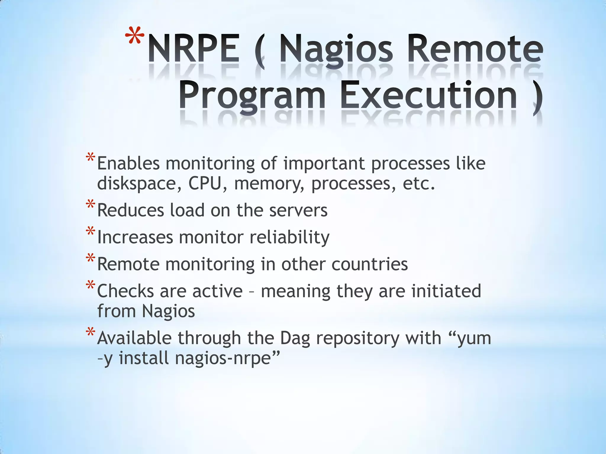 NRPE DemoThe following demo will show how to monitor disk space on a server with Nagios and NRPE