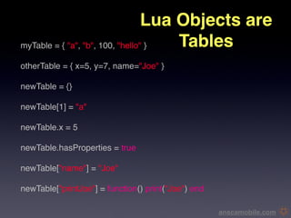 Lua Objects are
myTable = { "a", "b", 100, "hello" }
 Tables

otherTable = { x=5, y=7, name="Joe" }

newTable = {}

newTable[1] = "a"

newTable.x = 5

newTable.hasProperties = true

newTable["name"] = "Joe"

newTable["printJoe"] = function() print("Joe") end

                                                     anscamobile.com
 