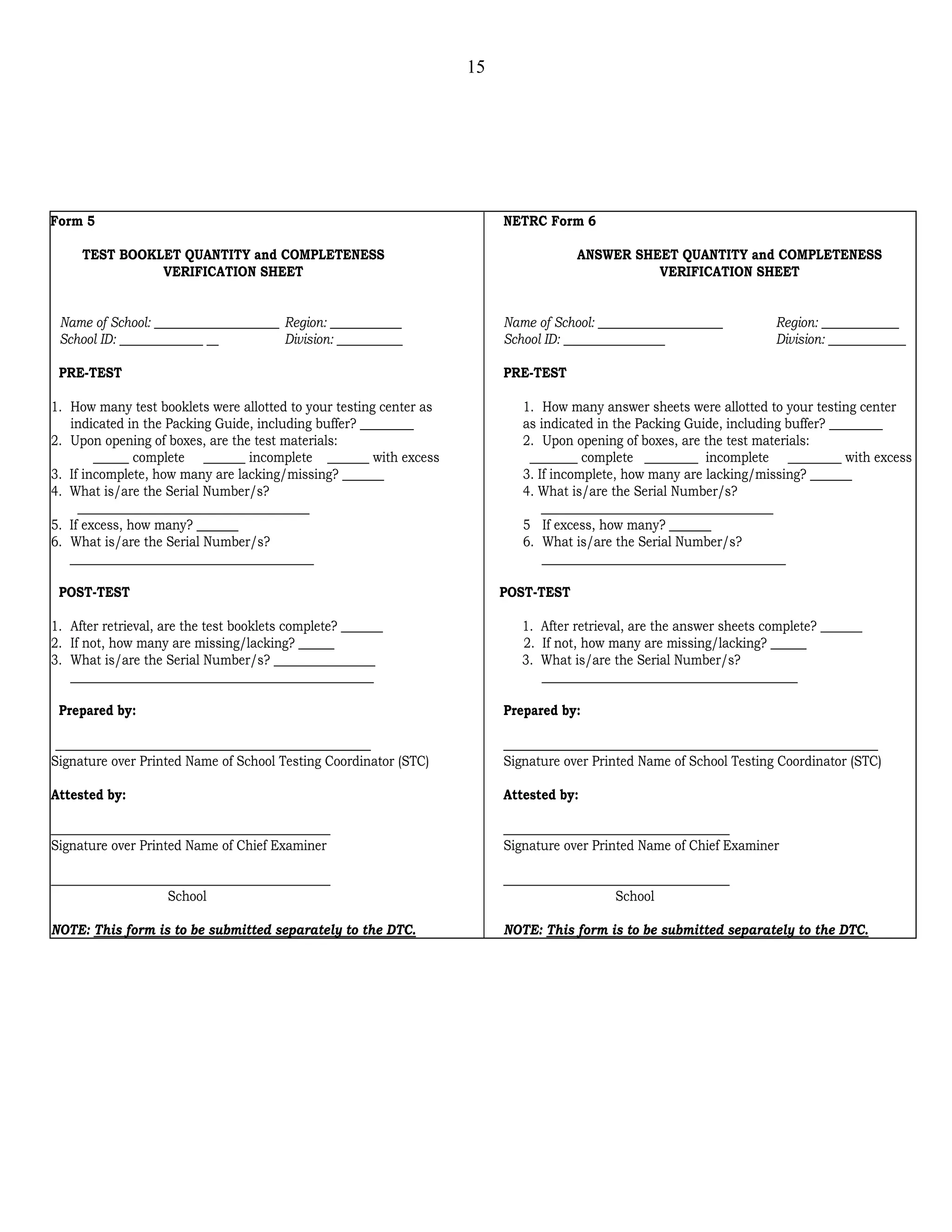 15
NETRC Form 5
TEST BOOKLET QUANTITY and COMPLETENESS
VERIFICATION SHEET
Name of School: _____________________ Region: ____________
School ID: ______________ __ Division: ___________
PRE-TEST
1. How many test booklets were allotted to your testing center as
indicated in the Packing Guide, including buffer? _________
2. Upon opening of boxes, are the test materials:
______ complete _______ incomplete _______ with excess
3. If incomplete, how many are lacking/missing? _______
4. What is/are the Serial Number/s?
_______________________________________
5. If excess, how many? _______
6. What is/are the Serial Number/s?
_________________________________________
POST-TEST
1. After retrieval, are the test booklets complete? _______
2. If not, how many are missing/lacking? ______
3. What is/are the Serial Number/s? _________________
___________________________________________________
Prepared by:
_____________________________________________________
Signature over Printed Name of School Testing Coordinator (STC)
Attested by:
_______________________________________________
Signature over Printed Name of Chief Examiner
_______________________________________________
School
NOTE: This form is to be submitted separately to the DTC.
NETRC Form 6
ANSWER SHEET QUANTITY and COMPLETENESS
VERIFICATION SHEET
Name of School: _____________________ Region: _____________
School ID: _________________ Division: _____________
PRE-TEST
1. How many answer sheets were allotted to your testing center
as indicated in the Packing Guide, including buffer? _________
2. Upon opening of boxes, are the test materials:
________ complete _________ incomplete _________ with excess
3. If incomplete, how many are lacking/missing? _______
4. What is/are the Serial Number/s?
_______________________________________
5 If excess, how many? _______
6. What is/are the Serial Number/s?
_________________________________________
POST-TEST
1. After retrieval, are the answer sheets complete? _______
2. If not, how many are missing/lacking? ______
3. What is/are the Serial Number/s?
___________________________________________
Prepared by:
_______________________________________________________________
Signature over Printed Name of School Testing Coordinator (STC)
Attested by:
______________________________________
Signature over Printed Name of Chief Examiner
______________________________________
School
NOTE: This form is to be submitted separately to the DTC.
 