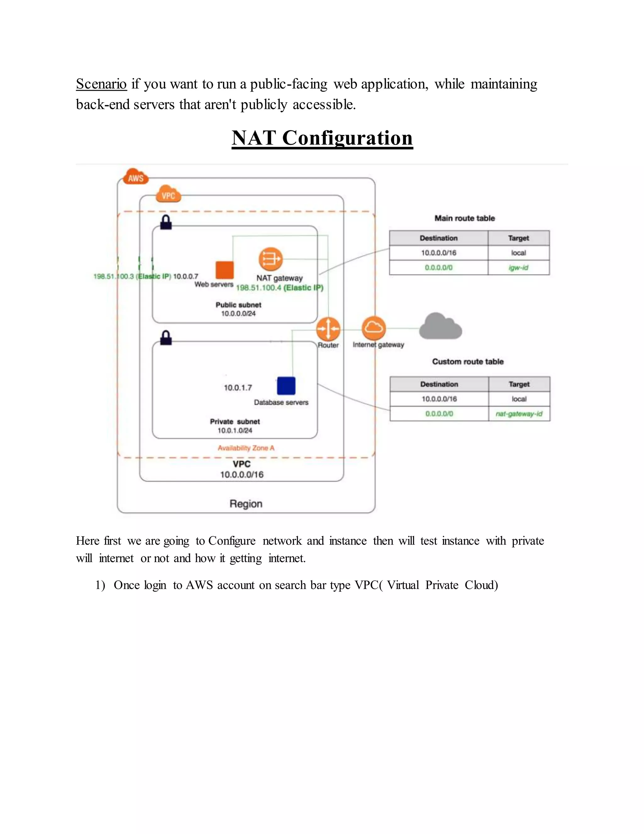 Scenario if you want to run a public-facing web application, while maintaining
back-end servers that aren't publicly accessible.
NAT Configuration
Here first we are going to Configure network and instance then will test instance with private
will internet or not and how it getting internet.
1) Once login to AWS account on search bar type VPC( Virtual Private Cloud)
 