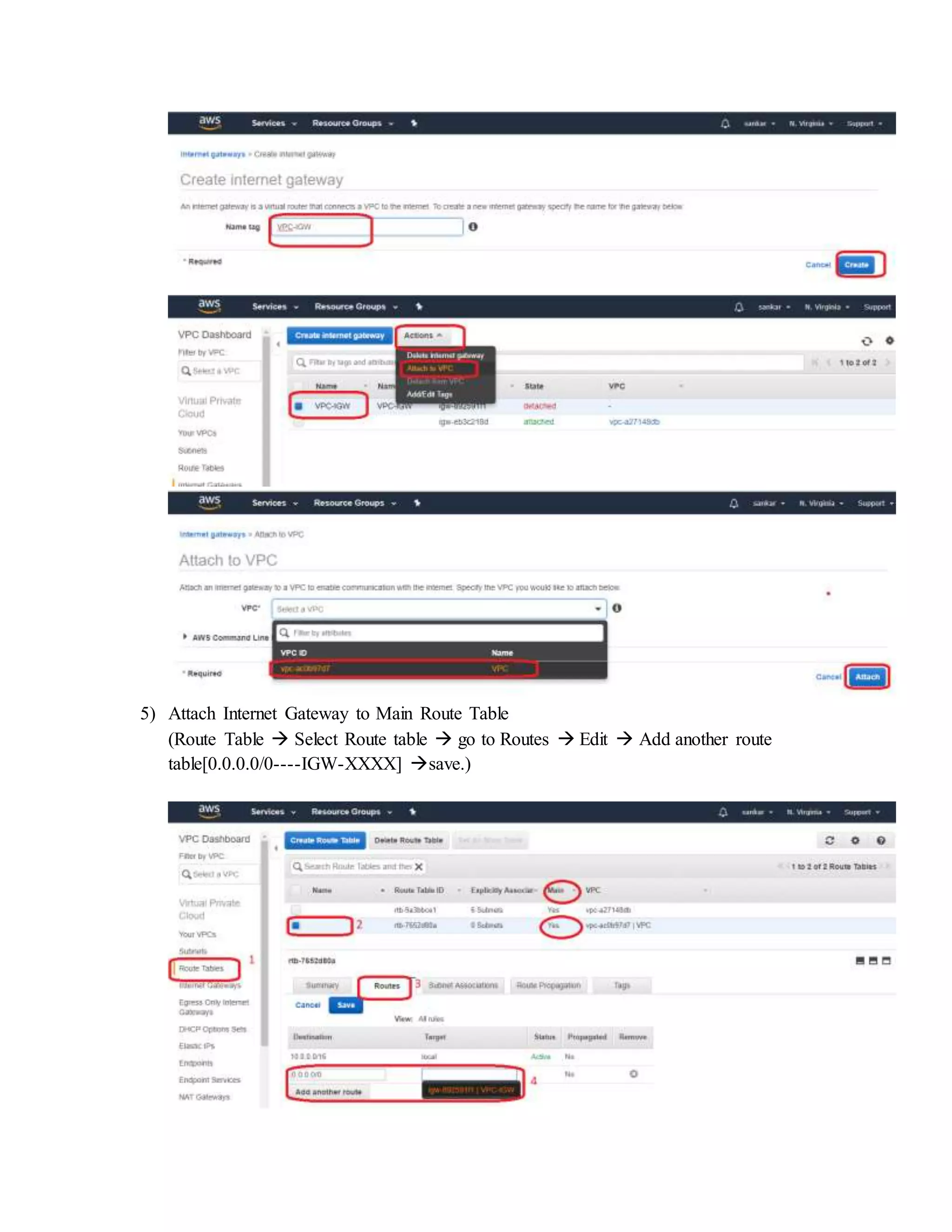 5) Attach Internet Gateway to Main Route Table
(Route Table  Select Route table  go to Routes  Edit  Add another route
table[0.0.0.0/0----IGW-XXXX] save.)
 