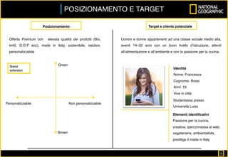 Posizionamento
Offerta Premium con elevata qualità dei produtti (Bio,
km0, D.O.P ecc), made in Italy, sostenibile, salubre,
personalizzabile
Target e cliente potenziale
Uomini e donne appartenenti ad una classe sociale medio alta,
aventi 14–32 anni con un buon livello d’istruzione, attenti
all’alimentazione e all’ambiente e con la passione per la cucina.
Studentessa presso
Università Luiss
Elementi identiﬁcativi
Passione per la cucina,
creativa, iperconnessa al web,
vegetariana, ambientalista,
predilige il made in Italy
Green
Brown
Personalizzabile Non personalizzabile
POSIZIONAMENTO E TARGET	
Identità
Nome: Francesca
Cognome: Rossi
Anni: 19
Vive in città
10		
 