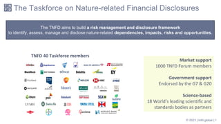 Market support
1000 TNFD Forum members
Government support
Endorsed by the G7 & G20
Science-based
18 World’s leading scientific and
standards bodies as partners
TNFD 40 Taskforce members
The Taskforce on Nature-related Financial Disclosures
The TNFD aims to build a risk management and disclosure framework
to identify, assess, manage and disclose nature-related dependencies, impacts, risks and opportunities.
© 2023 | tnfd.global | 1
 