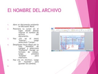 El NOMBRE DEL ARCHIVO
1. Abre un documento existente
en Microsoft Word.
2. Posiciona tu cursor en el
lugar donde deseas
insertar el nombre de
archivo del
documento.
3. Haz clic en el menú
"Insertar", luego
selecciona "Campo".
4. Desplázate hacia abajo por la
lista "Nombres de
campos" y selecciona
"FileName". Escoge un
formato de campo,
luego presiona
"Aceptar" para
insertarlo.
5. Haz clic en "Archivo", luego
en "Guardar" para
guardar los cambios.
6.
 