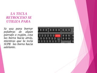 LA TECLA
RETROCESO SE
UTILIZA PARA
Se usa para borrar
palabras de algún
párrafo o región, esta
las borra hacia atrás,
mientras que la tecla
SUPR las borra hacia
adelante.
 