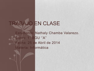 Estudiante: Nathaly Chamba Valarezo.
Curso: 1 BGU ‘’A’’
Fecha: 25 de Abril de 2014
Materia: Informática
TRABAJO EN CLASE
 