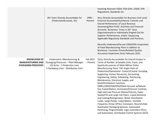 20+ Years Directly-Accountable For
(Financials/Accounts, ICs)
1996 C
Present
Involving Relevant USDA, FDA-GxPs, OSHA, EPA
Regulations, Standards etc.
Also, Directly-Accountable for Business Unit-Level
Financial Accountability/Internal Controls and
Overall Performance of Local Revenue
Generating/Non-Profit Activities and Financial
Accounts. Numerous Times in 20+ Years
Organizationally or Individually Singled-Out for
Superior Performances and/or Surpassing
Applicable Regulatory Standards and Practices.
Recently Underwent/Passed USDA/FDA Inspections
of Food Manufacturing Plant in addition to
Numerous Customer-Driven/Related Quality-
Assurance Inspections Since February 2015.
KNOWLEDGE OF
MANUFACTURING AND
PACKAGING PROCESSES
Immersed-In Manufacturing &
Packaging Processes C Plant Manager
(22 Acres - 5 Production Lines
5 Packaging Lines - Distribution Cntr)
Feb 2015
C Present
Daily, Directly-Accountable for Overall Output in
Terms of Number of Salable Units, Costs, and
Quality Assurances of Multi-Million Dollar
Manufacturing Plant; THE Single-Point of
Production/Operational Contact/Control Including
Supporting Human Resources, Accounting,
Engineering, Safety, Scheduling, Purchasing,
Maintenance, Electrical, Supply, and
Dock/Distribution Functions.
GMPs/USDA/FDA/EPA/OSHA-Focused w/Natural
Gas-Fueled Boilers, Incinerator/Emission Controls,
High-and Low Pressure Steams/Vessels, Super-
Heated Oil and Large-Vat Fryers, Liquid Ammonia
and Cooling/Refrigeration, Water Distribution
Loops, Large Pumps, Large Motors, Variable
Frequency Drives (VFDs), Conveyors, Bosch/Ishida
Automated Packaging Systems, Automated
Palletizing, Programmable Logic Controllers (PLC),
and Automated, Distributed Control Systems (DCS).
 