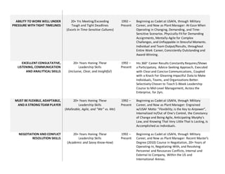 ABILITY TO WORK WELL UNDER
PRESSURE WITH TIGHT TIMELINES
20+ Yrs Meeting/Exceeding
Tough and Tight Deadlines
(Excels In Time-Sensitive Cultures)
1992 C
Present
Beginning as Cadet at USAFA, through Military
Career, and Now as Plant Manager: At-Ease When
Operating in Changing, Demanding, and Time-
Sensitive Scenarios. Physically-Fit for Demanding
Assignments, Mentally-Agile for Complex
Challenges, and Unflappable in Stressful Moments.
Individual and Team Output/Results, throughout
Entire Work Career, Consistently Outstanding and
Award-Winning.
EXCELLENT CONSULTATIVE,
LISTENING, COMMUNICATION
AND ANALYTICAL SKILLS
20+ Years Honing These
Leadership Skills
(Inclusive, Clear, and Insightful)
1992 C
Present
His 360? Career Results Constantly Requires/Shows
a Participatory, Advice-Seeking Approach, Executed
with Clearand Concise Communications, Coupled
with a Knack For Gleaning Impactful Data to Make
Individuals, Teams, and Organizations Better.
Selectively Chosen to Teach 5-Week Leadership
Course to Mid-Level Management, Across the
Enterprise, for 2yrs.
MUST BE FLEXIBLE, ADAPTABLE,
AND A STRONG TEAM PLAYER
20+ Years Honing These
Leadership Skills
(Malleable, Agile, and We vs. Me)
1992 C
Present
Beginning as Cadet at USAFA, through Military
Career, and Now as Plant Manager: Engrained
w/USAF Motto Flexibility, is the Key to Airpower,
Internalized In/Out of Ones Control, the Constancy
of Change and Being Agile, Anticipating Murphys
Law, and Knowing That Very Little That Is Lasting, Is
Accomplished as Individuals.
NEGOTIATION AND CONFLICT
RESOLUTION SKILLS
20+ Years Honing These
Leadership Skills
(Academic and Savvy Know-How)
1992 C
Present
Beginning as Cadet at USAFA, through Military
Career, and Now as Plant Manager: Recent Masters
Degree (2010) Course in Negotiation, 20+ Years of
Operating-In, Negotiating-With, and Resolving
Personnel and Resources Conflicts, Internal and
External to Company, Within the US and
International Arenas.
 