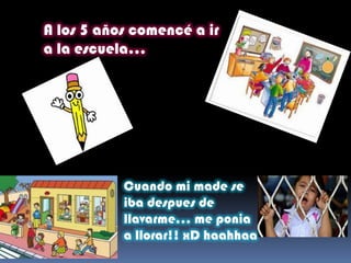 A los 5 años comencé a ir
a la escuela…
Cuando mi made se
iba despues de
llavarme… me ponia
a llorar!! xD haahhaa