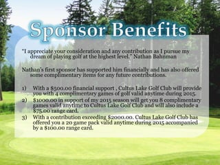 “I appreciate your consideration and any contribution as I pursue my
dream of playing golf at the highest level.” Nathan Bahnman
Nathan’s first sponsor has supported him financially and has also offered
some complimentary items for any future contributions.
1) With a $500.00 financial support , Cultus Lake Golf Club will provide
you with 4 complimentary games of golf valid anytime during 2015.
2) $1000.00 in support of my 2015 season will get you 8 complimentary
games valid anytime to Cultus Lake Golf Club and will also include a
$75.00 range card.
3) With a contribution exceeding $2000.00. Cultus Lake Golf Club has
offered you a 20 game pack valid anytime during 2015 accompanied
by a $100.00 range card.
 