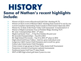 Some of Nathan’s recent highlights
include:
 Winner of CJGA event at Royalwood Golf Club shooting 69, 74
 Winner of CJGA event at Mission G&CC shooting final round 67 to win by one
 Lowest Canadian representing Team Canada in Dutch Junior Open July 2014
 Winner by 12 shots of the Fraser Valley Golf tournament 4 round total of -4
 Winner of Maple Leaf Junior Tour at Predator Ridge shooting 74,73
 BC zone 3 championships 2014 – 2nd place
 Maple Leaf Junior Tour…..5 Top Five finishes the past year
 BC Juvenile Championships – Top 20 in 2013
 BC High School Provincials – Top 15 in 2013, 8th place in 2014
 High school Golf Fraser Valleys - 2nd low gross individual score
 Ledgeview G&CC Junior Club Champion and overall low gross
 Cultus Lake 4 time Junior Club Champion
 2 time winner of age group in Fraser Valley Junior Golf Tournament
 Numerous victories in local junior optimist tournaments
 Northwest Junior Golf Tour 5th place finish
 MVP of MEI High school golf team 2 years in a row
 