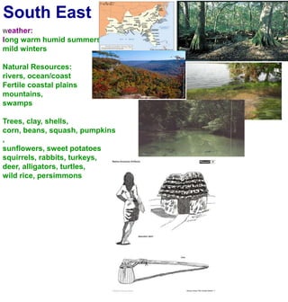 South EastWeather:long warm humid summersmild wintersNatural Resources:rivers, ocean/coastFertile coastal plainsmountains, swampsTrees, clay, shells, corn, beans, squash, pumpkins, sunflowers, sweet potatoessquirrels, rabbits, turkeys, deer, alligators, turtles,wild rice, persimmons