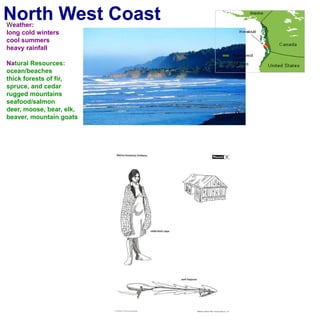 North West CoastWeather:long cold winterscool summersheavy rainfallNatural Resources:ocean/beachesthick forests of fir, spruce, and cedarrugged mountainsseafood/salmondeer, moose, bear, elk, beaver, mountain goats