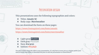 Presentation design
This presentations uses the following typographies and colors:
✖ Titles: Amatic SC
✖ Body copy: Merriweather
You can download the fonts on these pages:
https://www.fontsquirrel.com/fonts/amatic
https://www.fontsquirrel.com/fonts/merriweather
✖ Light gray #f5f6f7
✖ Dark gray #95a5a6
✖ Navy #2c3e50
✖ Salmon #f55d4b
You don’t need to keep this slide in your presentation. It’s only here to serve you as a design guide if you
need to create new slides or download the fonts to edit the presentation in PowerPoint®
26
 