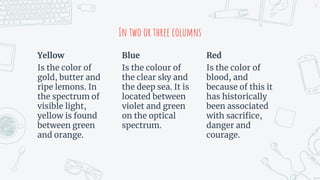 In two or three columns
Yellow
Is the color of
gold, butter and
ripe lemons. In
the spectrum of
visible light,
yellow is found
between green
and orange.
Blue
Is the colour of
the clear sky and
the deep sea. It is
located between
violet and green
on the optical
spectrum.
Red
Is the color of
blood, and
because of this it
has historically
been associated
with sacrifice,
danger and
courage.
9
 