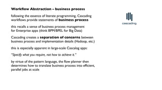 Workflow Abstraction – business process
following the essence of literate programming, Cascading
workflows provide statements of business process
this recalls a sense of business process management
for Enterprise apps (think BPM/BPEL for Big Data)
Cascading creates a separation of concerns between
business process and implementation details (Hadoop, etc.)
this is especially apparent in large-scale Cascalog apps:
“Specify what you require, not how to achieve it.”
by virtue of the pattern language, the flow planner then
determines how to translate business process into efficient,
parallel jobs at scale
 