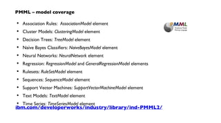Association Rules: AssociationModel element
Cluster Models: ClusteringModel element
Decision Trees: TreeModel element
Naïve Bayes Classifiers: NaiveBayesModel element
Neural Networks: NeuralNetwork element
Regression: RegressionModel and GeneralRegressionModel elements
Rulesets: RuleSetModel element
Sequences: SequenceModel element
Support Vector Machines: SupportVectorMachineModel element
Text Models: TextModel element
Time Series: TimeSeriesModel element
•
•
•
•
•
•
•
•
•
•
•
PMML – model coverage
ibm.com/developerworks/industry/library/ind-PMML2/
 