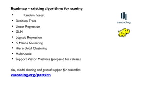 Roadmap – existing algorithms for scoring
Random Forest
Decision Trees
Linear Regression
GLM
Logistic Regression
K-Means Clustering
Hierarchical Clustering
Multinomial
Support Vector Machines (prepared for release)
also, model chaining and general support for ensembles
•
•
•
•
•
•
•
•
•
cascading.org/pattern
 