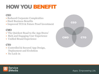 HOW YOU BENEFIT
CEO
• Reduced Corporate Complexities
• Hard Business Benefits
                                                 CEO
• Improved TCO & Future Proof Investment

CMO
• ‘The Quickest Road to the App Stores’
• Rich and Engaging User Experience
                                           CMO         CTO
• Unified Brand Experience

CTO
• Controlled & Secured App Design,
  Deployment and Evolution
• No Lock-in
 