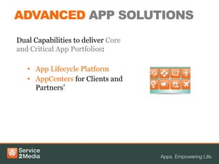 ADVANCED APP SOLUTIONS
Dual Capabilities to deliver Core
and Critical App Portfolios:

   • App Lifecycle Platform
   • AppCenters for Clients and
     Partners’
 