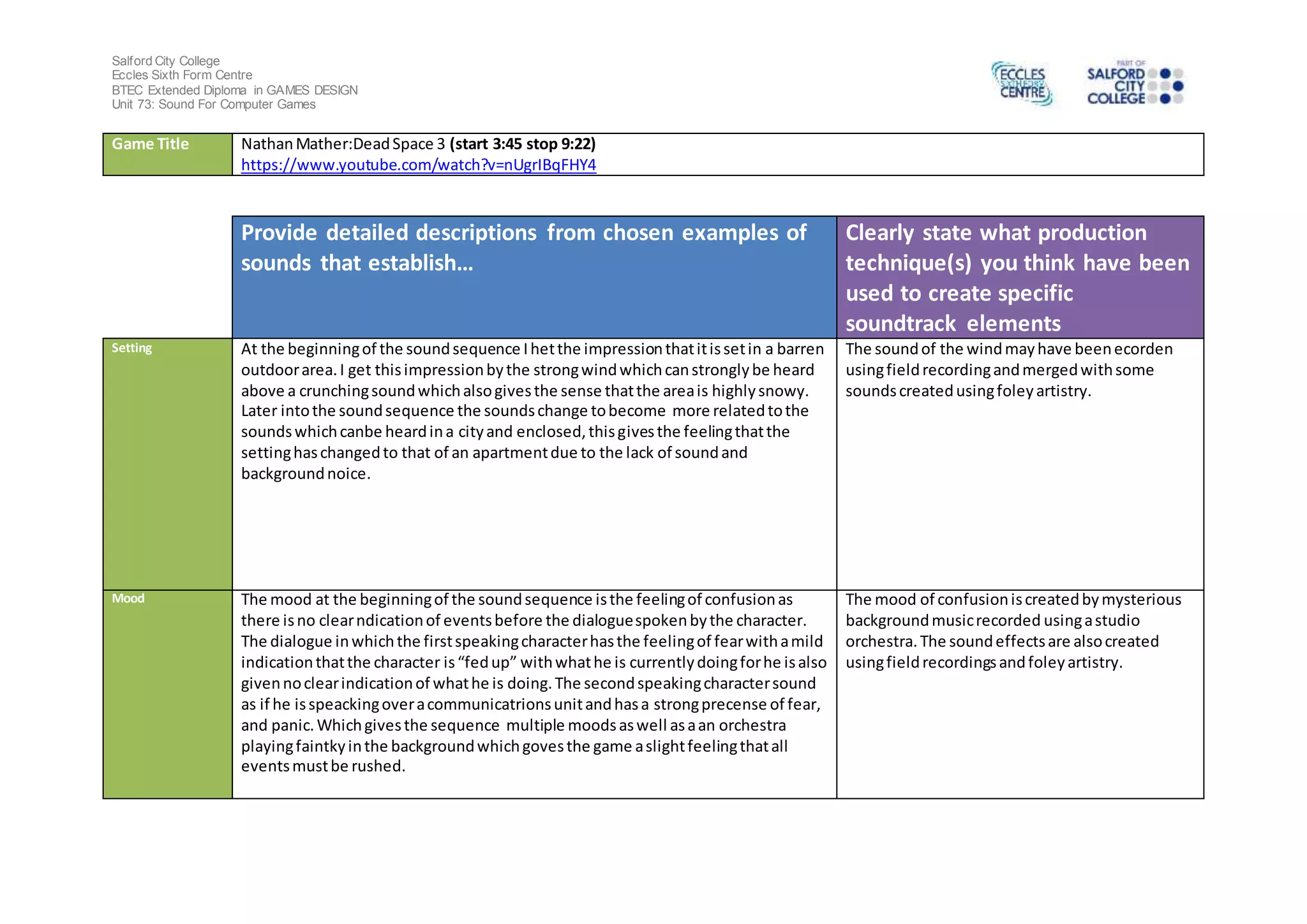 Salford City College
Eccles Sixth Form Centre
BTEC Extended Diploma in GAMES DESIGN
Unit 73: Sound For Computer Games
Game Title NathanMather:DeadSpace 3 (start 3:45 stop 9:22)
https://www.youtube.com/watch?v=nUgrIBqFHY4
Provide detailed descriptions from chosen examples of
sounds that establish…
Clearly state what production
technique(s) you think have been
used to create specific
soundtrack elements
Setting At the beginningof the soundsequence Ihetthe impressionthatitissetin a barren
outdoorarea.I get thisimpressionbythe strongwindwhichcanstronglybe heard
above a crunchingsoundwhichalsogivesthe sense thatthe areais highlysnowy.
Later intothe soundsequence the soundschange tobecome more relatedtothe
soundswhichcanbe heardina cityand enclosed,thisgivesthe feelingthatthe
settinghaschangedto that of an apartmentdue to the lack of soundand
backgroundnoice.
The soundof the windmayhave beenecorden
usingfieldrecordingandmergedwithsome
soundscreatedusingfoleyartistry.
Mood The mood at the beginningof the soundsequence isthe feelingof confusionas
there isno clearndicationof eventsbefore the dialoguespokenbythe character.
The dialogue inwhichthe firstspeakingcharacterhasthe feelingof fearwithamild
indicationthatthe character is“fedup” withwhathe is currentlydoingforhe isalso
givennoclearindicationof whathe is doing.The secondspeakingcharactersound
as if he isspeackingoveracommunicatrionsunitandhasa strongprecense of fear,
and panic.Whichgivesthe sequence multiple moodsaswell asaan orchestra
playingfaintkyinthe backgroundwhichgovesthe game aslightfeelingthatall
eventsmustbe rushed.
The mood of confusioniscreatedbymysterious
backgroundmusicrecorded usingastudio
orchestra.The soundeffectsare alsocreated
usingfieldrecordingsandfoleyartistry.
 