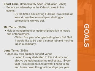 GOALS
Short Term: (Immediately After Graduation, 2023)
• Secure an internship in the Orlando area in live
events.
‣ By the time I am leaving Full Sail I would like at
least 4 possible internship or starting job
connections worked out.
Mid Term: (2030)
• Hold a management or leadership position in music
and entertainment.
• Within five year after graduating from Full Sail
I would like to be past a starter job and moving
up in a company.
Long Term: (2038)
• Open my own outdoor concert venue
‣ I need to stay dedicated to this industry and
always be looking at prime real estate. Every
year I would like to look at what I need to do
and break down this goal into steps per year.
 