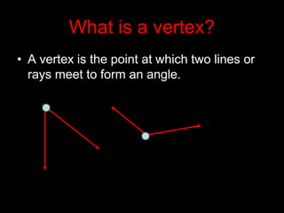 What is a vertex?
• A vertex is the point at which two lines or
rays meet to form an angle.
 