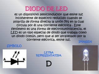 DIODO DE LED
es un dispositivo semiconductor que emite luz
incoherente de espectro reducido cuando se
polariza de forma directa la unión PN en la cual
circula por él una corriente eléctrica . Este
fenómeno es una forma de electroluminiscencia, el
LED es un tipo especial de diodo que trabaja como
un diodo común, pero que al ser atravesado por la
corriente eléctrica, emite luz.
SIMBOLO
LETRA
REPRESENTATIVA
D
IMAGEN
 