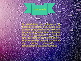 concLusión
Se presentaran un enfoque a las
diferentes conceptos que llevaran para
un mejor conocimiento a los individuos
ya que es importante saber y aprender
cómo ha evolucionado en nuestros
días, que también son herramientas y
técnicas sencillas que nos proporciona
una valiosa información y
comunicación a los seres humanos
 