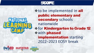 ❖to be implemented in all
public elementary and
secondary schools
nationwide
❖for Kindergarten to Grade 1
2
❖with phased
implementation starting
2022-2023 EOSY break
S
S
C
CO
OP
P
E
E
 