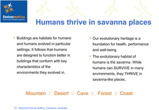 Humans thrive in savanna places Buildings are habitats for humans and humans evolved in particular settings. It follows that humans are designed to function better in buildings that conform with key characteristics of the environments they evolved in. Mountain  ::  Desert  ::  Cave  ::  Forest  ::  Coast Our evolutionary heritage is a foundation for health, performance and well-being. The evolutionary habitat of humans is the savanna. While humans can SURVIVE in many environments, they THRIVE in savanna-like places. 