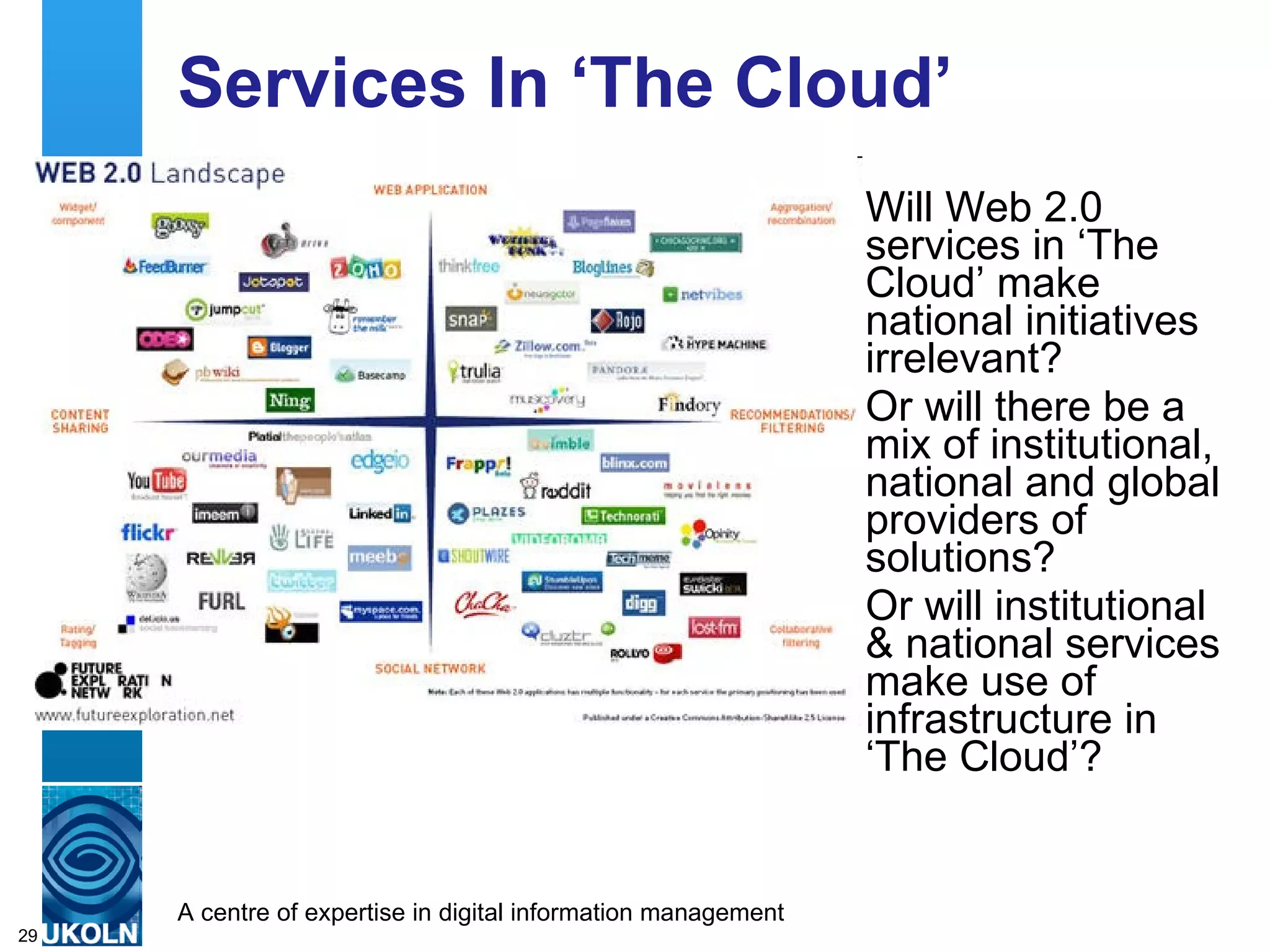 Services In ‘The Cloud’ Will Web 2.0 services in ‘The Cloud’ make national initiatives irrelevant? Or will there be a mix of institutional, national and global providers of solutions? Or will institutional & national services make use of infrastructure in ‘The Cloud’? 
