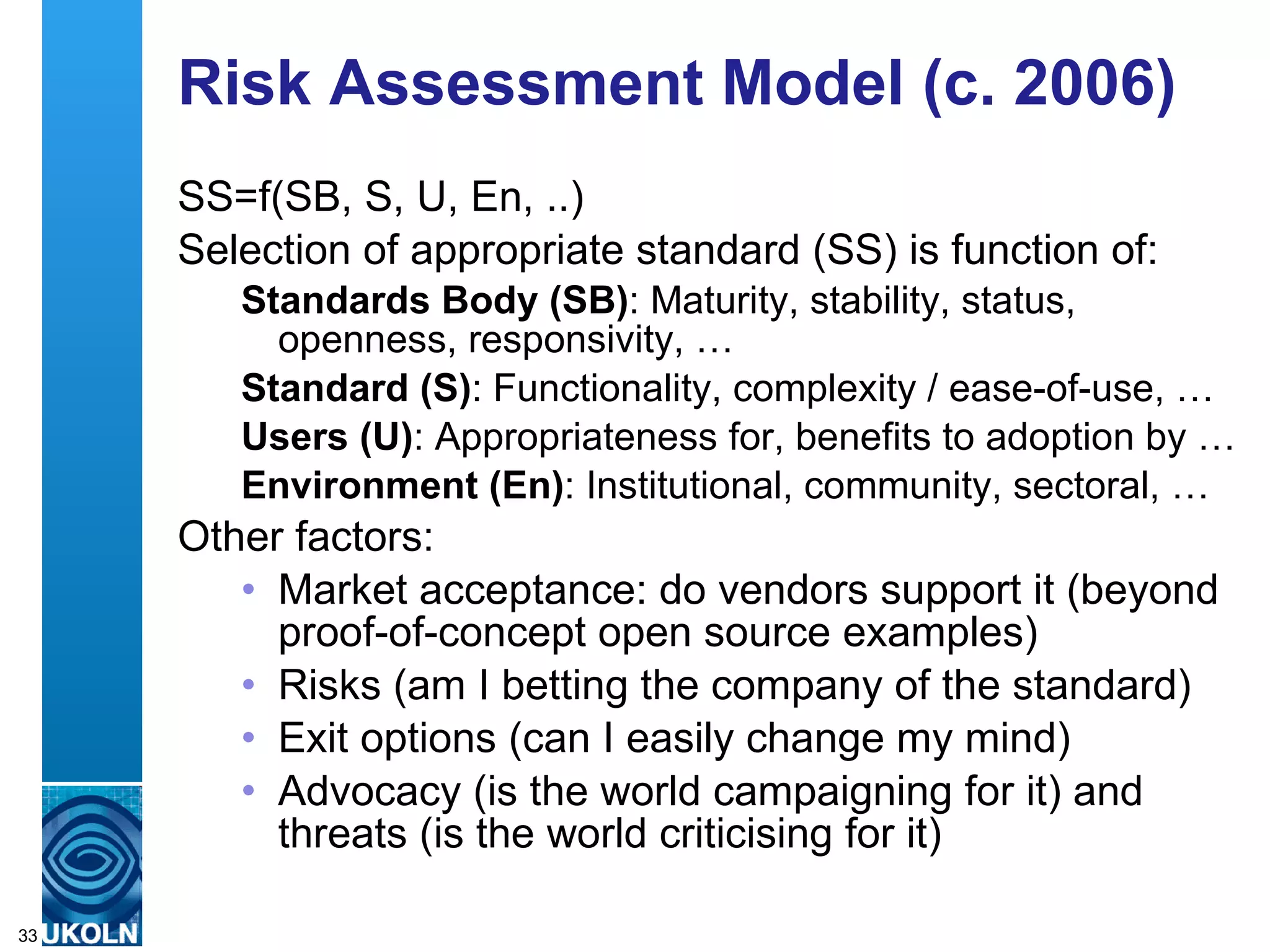 Risk Assessment Model (c. 2006) SS=f(SB, S, U, En, ..) Selection of appropriate standard (SS) is function of: Standards Body (SB) : Maturity, stability, status, openness, responsivity, … Standard (S) : Functionality, complexity / ease-of-use, … Users (U) : Appropriateness for, benefits to adoption by … Environment (En) : Institutional, community, sectoral, … Other factors: Market acceptance: do vendors support it (beyond proof-of-concept open source examples) Risks (am I betting the company of the standard) Exit options (can I easily change my mind) Advocacy (is the world campaigning for it) and threats (is the world criticising for it) 