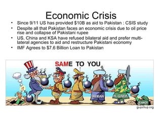 Economic Crisis Since 9/11 US has provided $10B as aid to Pakistan : CSIS study Despite all that Pakistan faces an economic crisis due to oil price rise and collapse of Pakistani rupee US, China and KSA have refused bilateral aid and prefer multi-lateral agencies to aid and restructure Pakistani economy IMF Agrees to $7.6 Billion Loan to Pakistan 