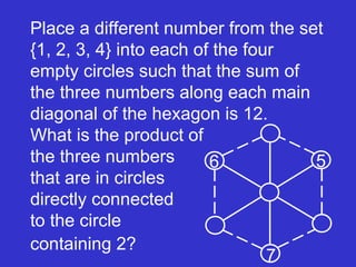 Place a different number from the set {1, 2, 3, 4} into each of the four empty circles such that the sum of the three numbers along each main diagonal of the hexagon is 12.  What is the product of  the three numbers  that are in circles  directly connected  to the circle  containing 2? 7 6 5 