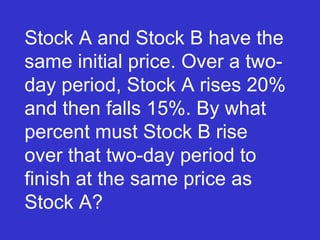 Stock A and Stock B have the same initial price. Over a two-day period, Stock A rises 20% and then falls 15%. By what percent must Stock B rise over that two-day period to finish at the same price as Stock A? 